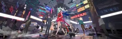 Busy futuristic city street with anime girls and flying cars