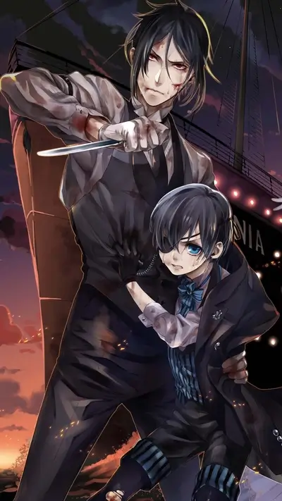 Butler Sebastian protecting young master Ciel on a ship with bloodshed