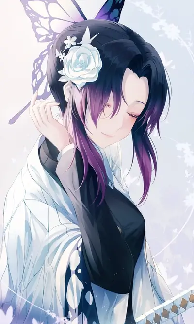 Calm anime girl portrait with butterfly hairpin, wearing kimono and demon slayer corps uniform