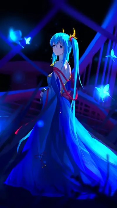 Captivating anime girl in a long blue dress holding microphone.