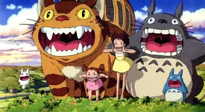 Cartoon characters and two girls with open mouths in nature
