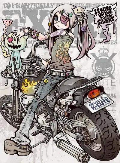 Cartoon girl on motorcycle, tattoos, gun, text, graffiti style.