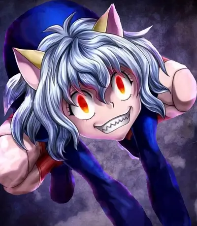 Cartoon-like character with cat ears, grinning menacingly with sharp teeth