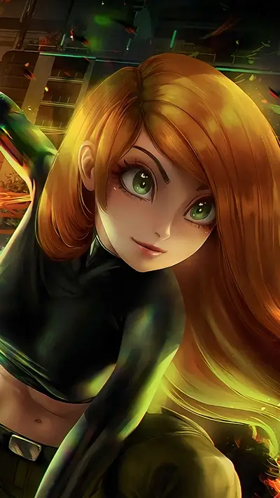 Cartoon woman with long red hair and green eyes posing
