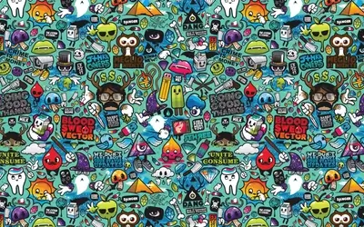 Cartoonish pattern featuring whimsical imagery, illustrations, various objects and text on a teal background