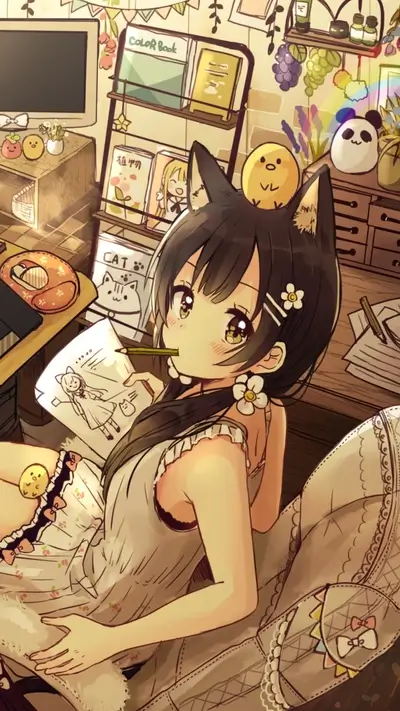 Cat-eared girl drawing, seated in front of a desk with assorted objects
