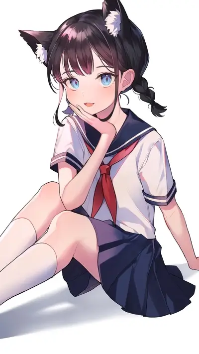 Cat-eared girl in sailor uniform sitting