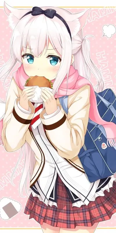 Cat girl eating burger, wearing school uniform with backpack