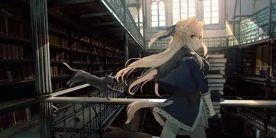 Cat girl in a grand library