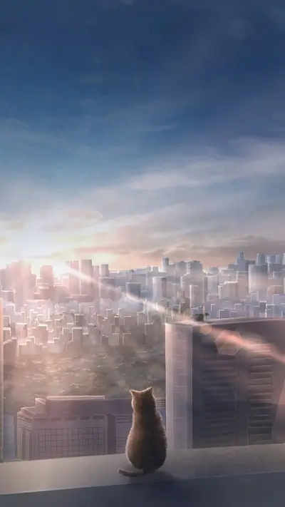 Cat sitting on a rooftop overlooking a cityscape at sunrise