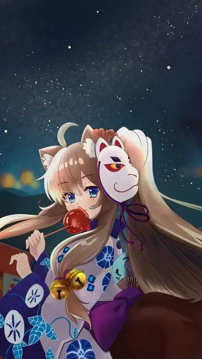 Catgirl enjoying a candied apple under starry skies at a Japanese festival