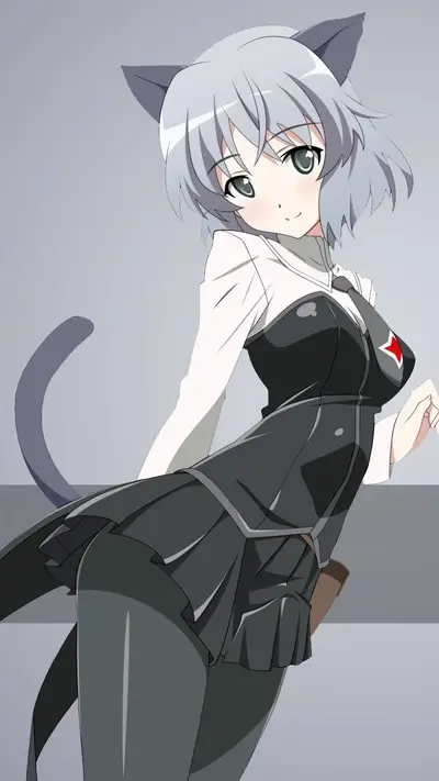 Catgirl in a dark uniform, posing playfully