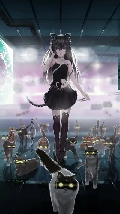 Catgirl in a futuristic setting surrounded by cats