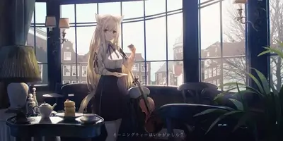 Catgirl offering tea in brightly lit Amsterdam cafe, violin nearby