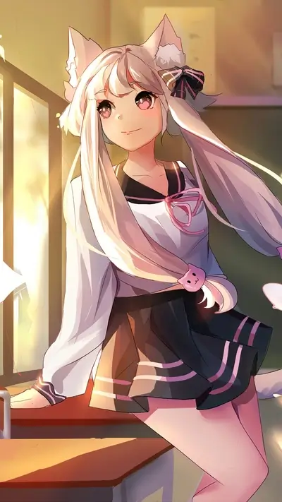 Catgirl smiles sweetly with cat-themed hair tie, in a school classroom setting with warm light.