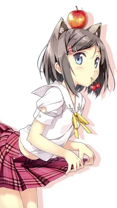 Catgirl with fruit, wearing school uniform