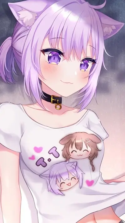 Catgirl with purple hair wearing a t-shirt with cute cartoon dog images on it