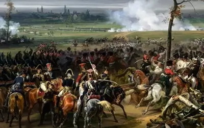 Cavalry charge amidst smoke and chaos, soldiers on horseback clashing on a battlefield, city in the distance