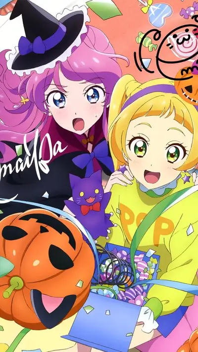 Celebrating Halloween with anime characters, sweets, and cheerful expressions