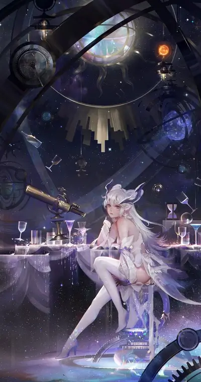 Celestial being in otherworldly observatory, enjoying cocktails amidst astral wonders