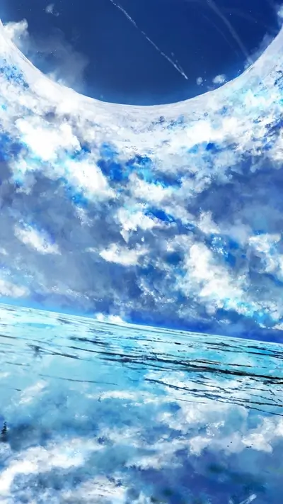 Celestial landscape, vast ocean, ethereal clouds