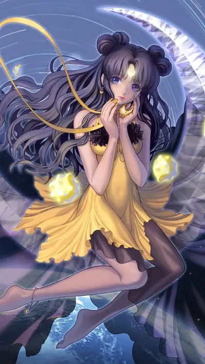 Celestial maiden in yellow dress, floating above Earth