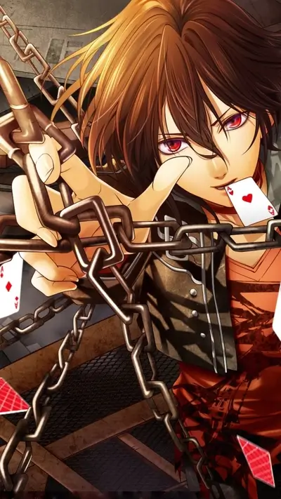 Chains and playing cards held by a young man