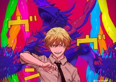 Chainsaw Man and Denji with vibrant background colors