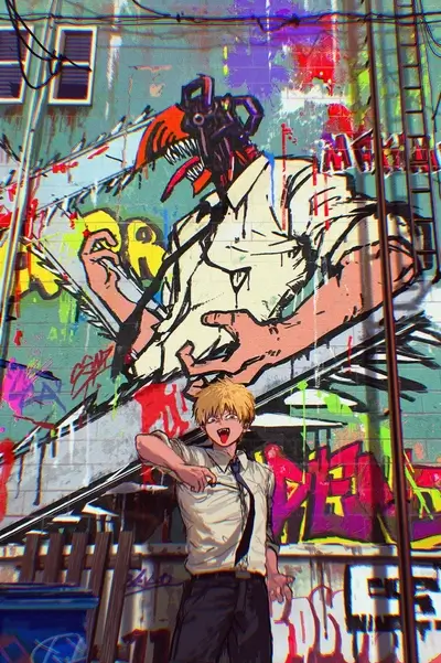 Chainsaw Man character in front of a graffiti wall