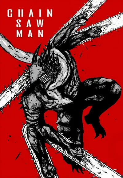 Chainsaw Man character in grayscale against a vibrant red backdrop.