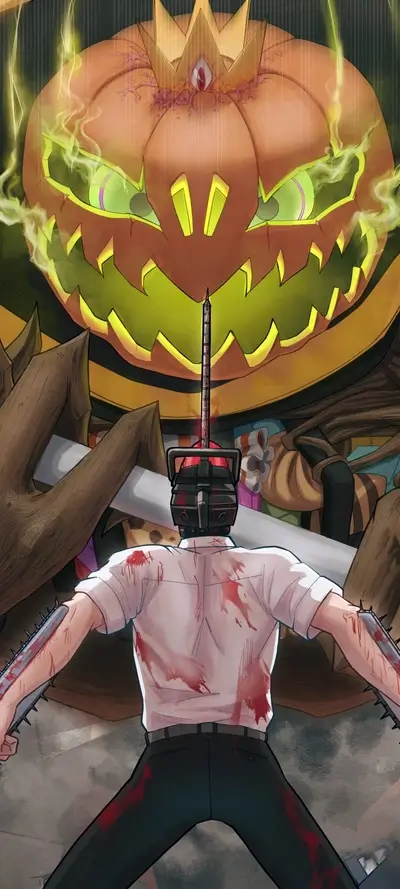 Chainsaw man fighting giant pumpkin king