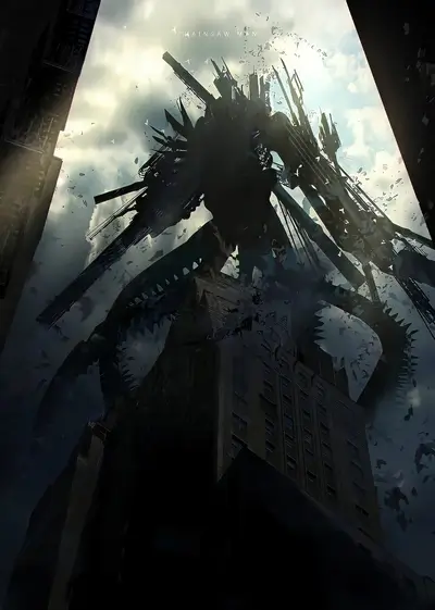 Chainsaw Man figure towering over a city