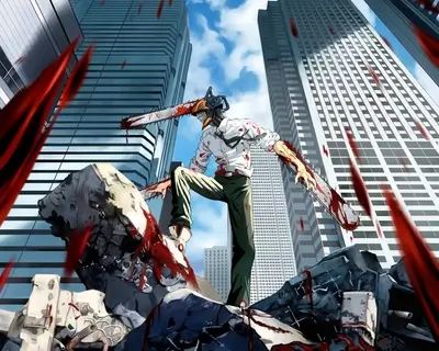 Chainsaw Man in a city landscape