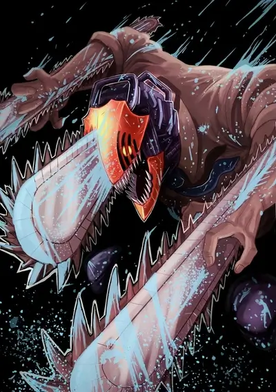 Chainsaw wielding figure engulfed in blue sparks