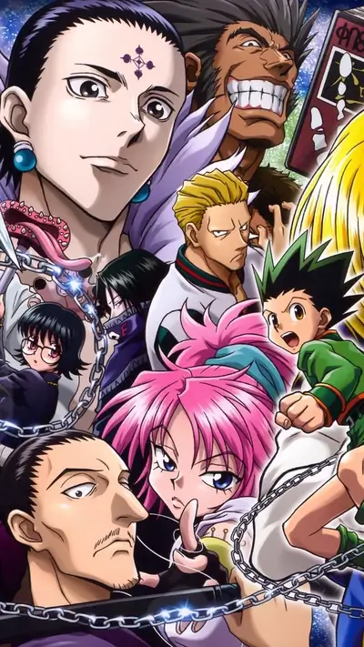 Character collage featuring diverse personalities, prominent chains around faces