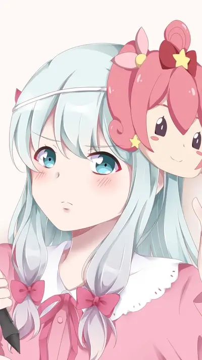 Character drawing of cute anime girl with pink haired friend