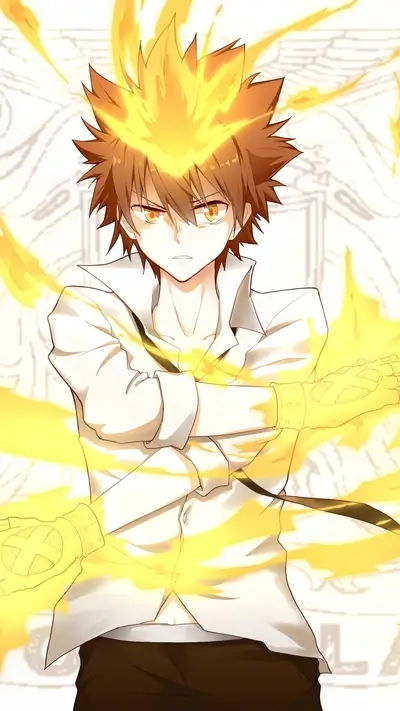 Character engulfed in golden flame, determined expression