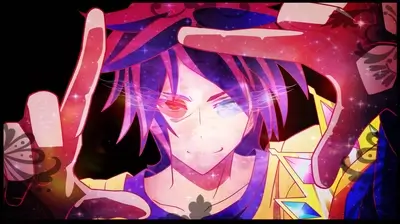 Character framed by hands with galaxy patterns in red, purple, and yellow.