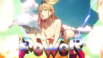 Character from anime, Power, in swimsuit, posing provocatively at the beach.