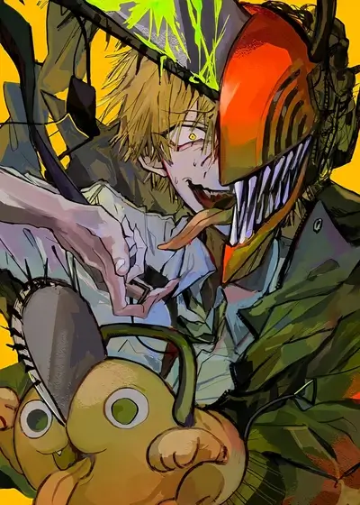 Character from Chainsaw Man, Denji, in hybrid form alongside Pochita, expressive and dynamic