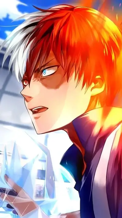 Character from My Hero Academia with heterochromatic eyes, ice and fire powers