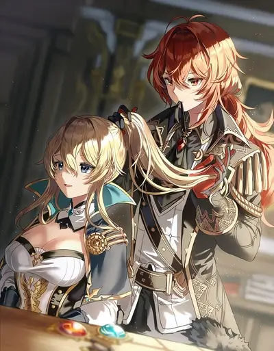 Character helping another to tie a ponytail in the dark
