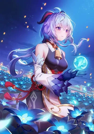 Character holding a glowing orb amidst a field of luminous flowers