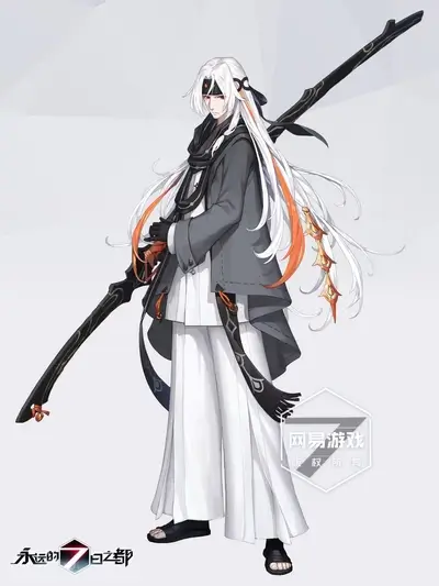 Character holding weapon, wearing blindfold and cloak, long white hair and orange streaks