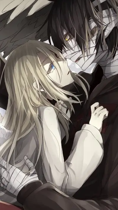 Character hug between a boy with wings and a girl