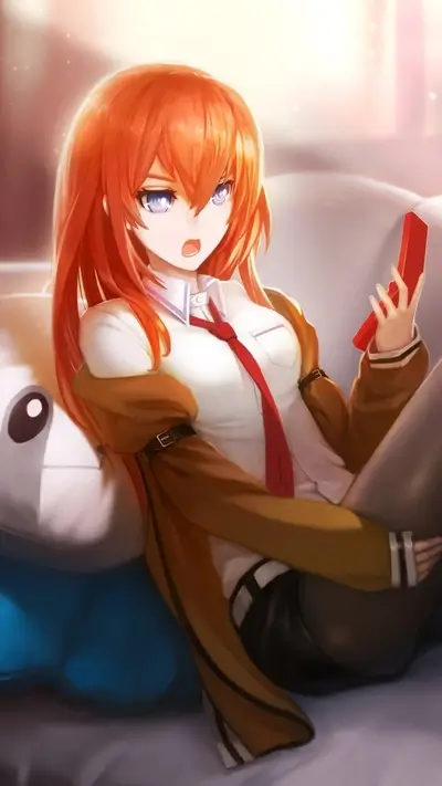 Character illustration, red hair, white shirt, red tie, brown jacket, phone in hand