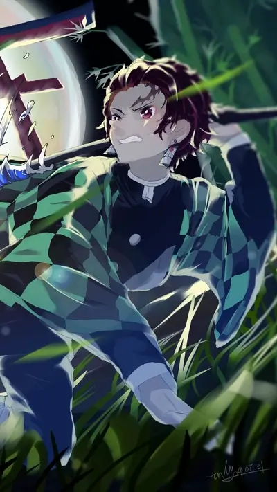 Character in action, checkered robe, determined expression, sword raised, grassy background.