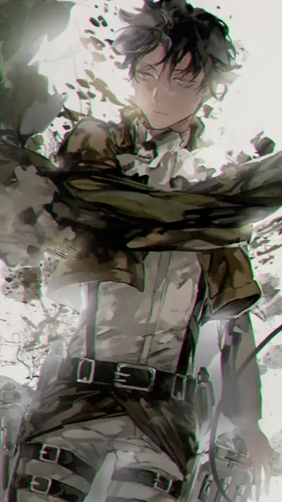 Character in military uniform with gear, intense gaze and dynamic composition
