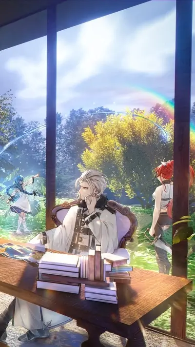 Character inside building, overlooking a colorful scenery