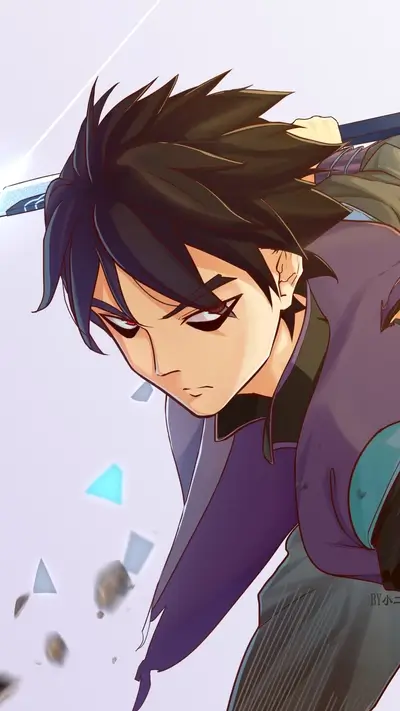 Character is aiming, determined expression with sword